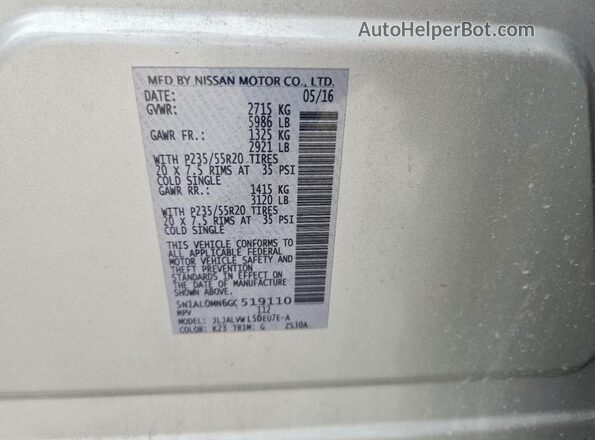 5N1AL0MN6GC519110 2016 INFINITI QX60 Серый Вид наклейки с VIN-кодом