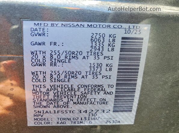 5N1AL1FS5TC342732 2026 INFINITI QX60 Silver VIN კოდის სტიკერის ხედი