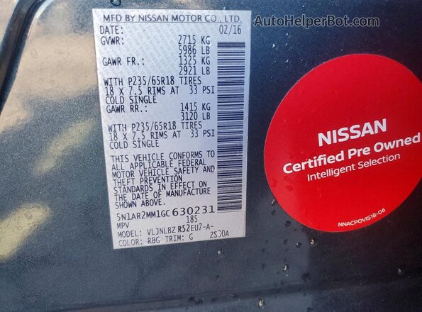5N1AR2MM1GC630231 2016 NISSAN PATHFINDER Gray Widok naklejki z numerem VIN