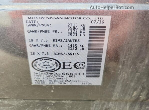 5N1AR2MM2GC668311 2016 NISSAN PATHFINDER Gray VIN կոդի պիտակի տեսք