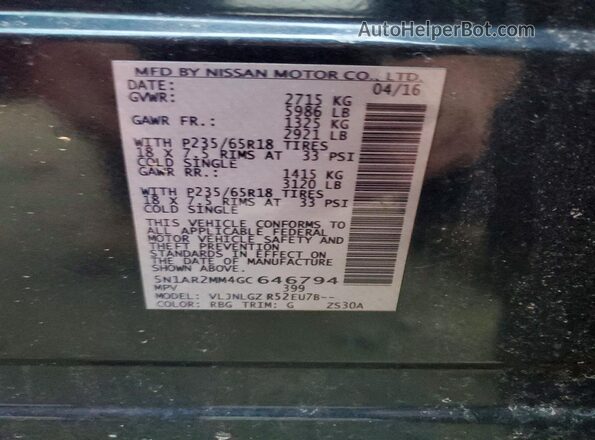 5N1AR2MM4GC646794 2016 NISSAN PATHFINDER Gray VIN sticker view