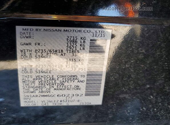 5N1AR2MM6GC602392 2016 NISSAN PATHFINDER Черный Вид наклейки с VIN-кодом