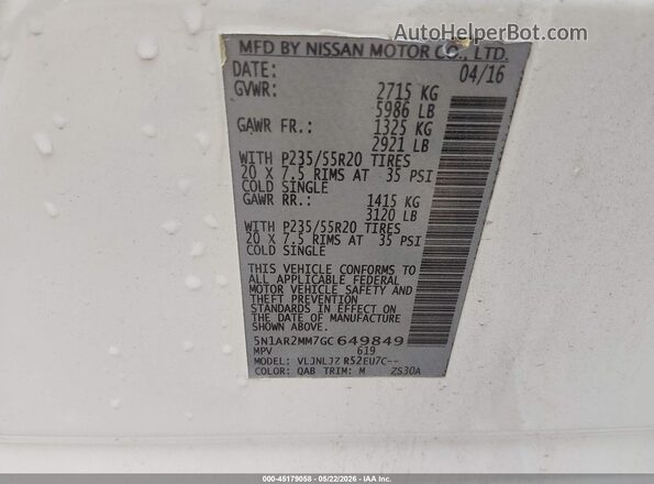 5N1AR2MM7GC649849 2016 NISSAN PATHFINDER White Engine compartment view