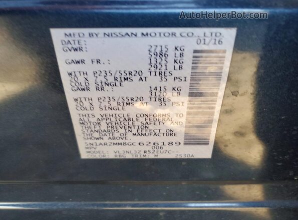 5N1AR2MM8GC626189 2016 NISSAN PATHFINDER Black Вид наклейки з VIN-кодом