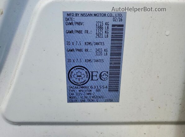 5N1AR2MM8GC631554 2016 NISSAN PATHFINDER White Vista de la etiqueta del VIN