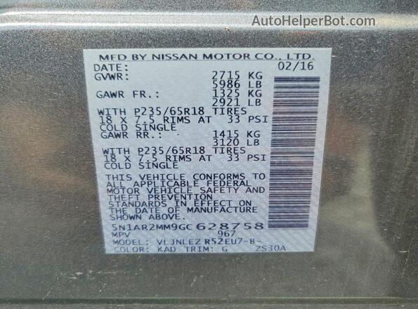 5N1AR2MM9GC628758 2016 NISSAN PATHFINDER Gray Vista de la etiqueta del VIN