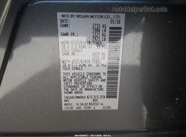 5N1AR2MN0GC653539 2016 NISSAN PATHFINDER Gray Vista del compartimento del motor