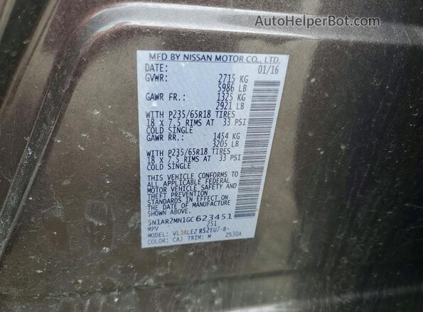 5N1AR2MN1GC623451 2016 NISSAN PATHFINDER Серый Вид наклейки с VIN-кодом