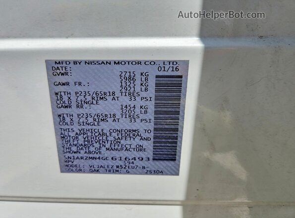 5N1AR2MN4GC616493 2016 NISSAN PATHFINDER Белый Панорамный вид салона 360°