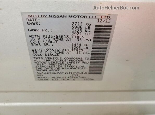 5N1AR2MN7GC607044 2016 NISSAN PATHFINDER Silver VIN կոդի պիտակի տեսք