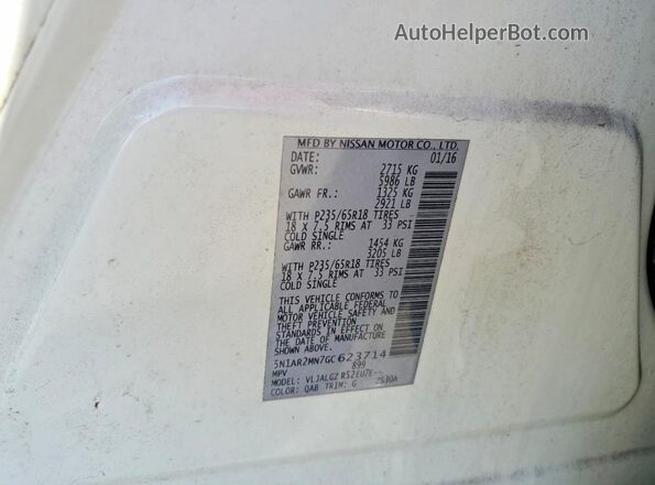 5N1AR2MN7GC623714 2016 NISSAN PATHFINDER Белый Панорамный вид салона 360°