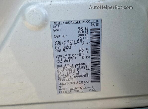 5N1AT2MT0JC829450 2018 NISSAN ROGUE Silver Widok naklejki z numerem VIN