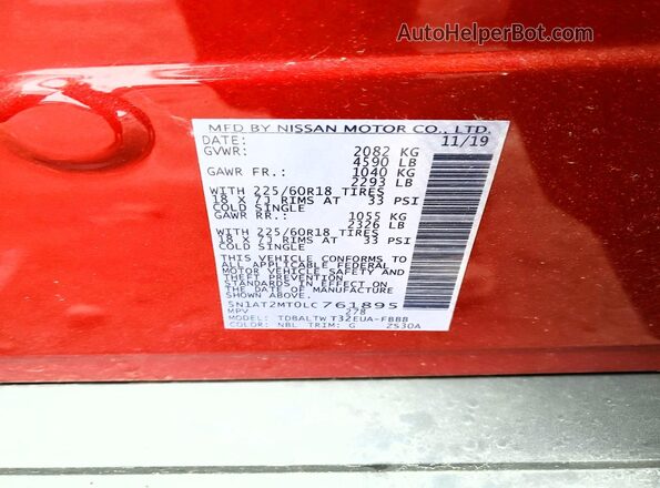 5N1AT2MT0LC761895 2020 NISSAN ROGUE Red VIN კოდის სტიკერის ხედი