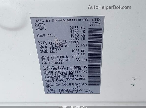 5N1AT2MT1GC889195 2016 NISSAN ROGUE White Widok komory silnika