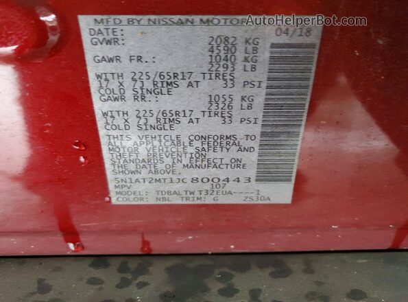 5N1AT2MT1JC800443 2018 NISSAN ROGUE Red VIN კოდის სტიკერის ხედი