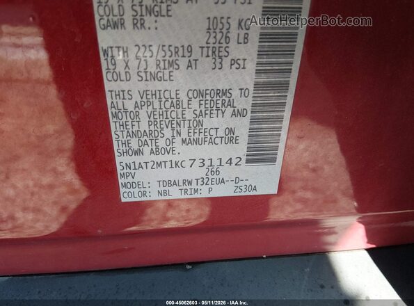 5N1AT2MT1KC731142 2019 NISSAN ROGUE Red Widok komory silnika