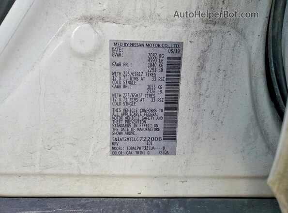5N1AT2MT1LC722006 2020 NISSAN ROGUE White VIN sticker view