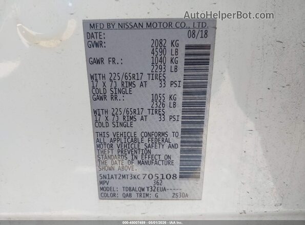 5N1AT2MT3KC705108 2019 NISSAN ROGUE White Շարժիչի բաժամունքի տեսք