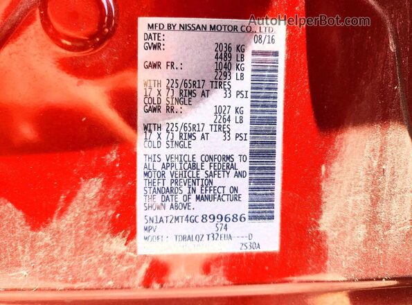 5N1AT2MT4GC899686 2016 NISSAN ROGUE Red Widok komory silnika