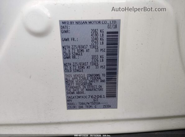 5N1AT2MT4JC762061 2018 NISSAN ROGUE White Widok komory silnika