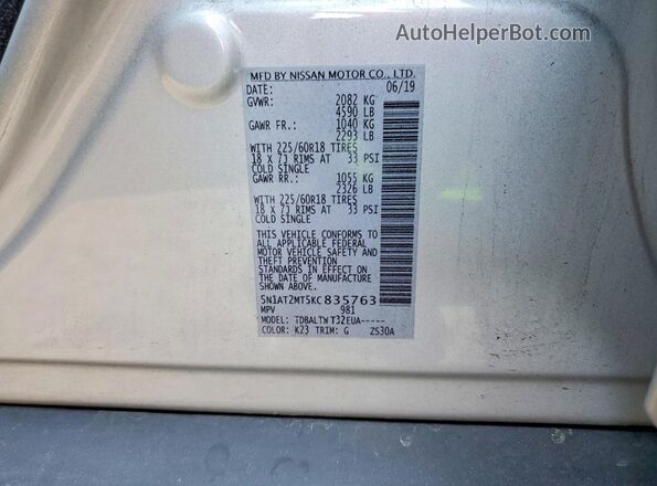 5N1AT2MT5KC835763 2019 NISSAN ROGUE Silver Widok naklejki z numerem VIN