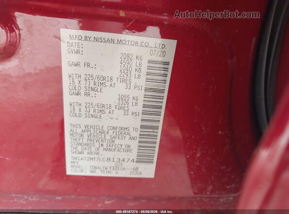 5N1AT2MT7LC813474 2020 NISSAN ROGUE Maroon Vista del compartimento del motor
