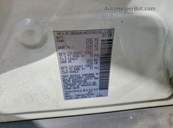 5N1AT2MT8JC813237 2018 NISSAN ROGUE White Vista de la etiqueta del VIN