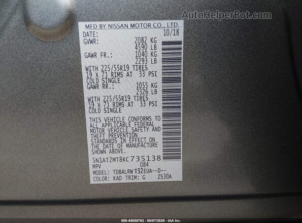 5N1AT2MT8KC735138 2019 NISSAN ROGUE Gray Widok komory silnika