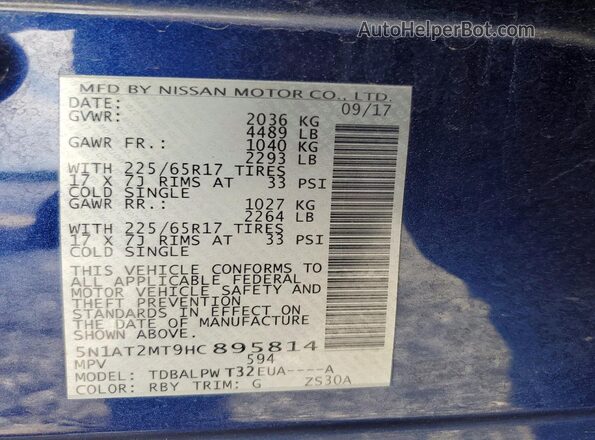 5N1AT2MT9HC895814 2017 NISSAN ROGUE Blue Вид наклейки з VIN-кодом