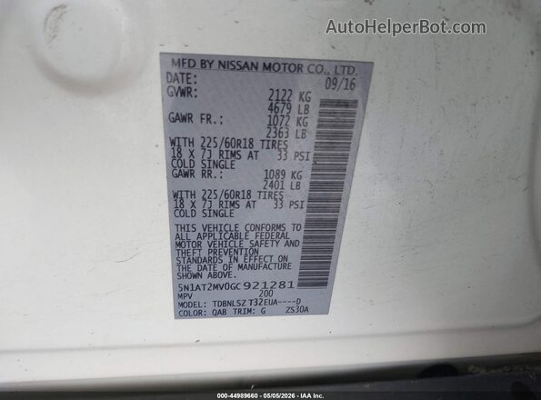 5N1AT2MV0GC921281 2016 NISSAN ROGUE Белый Вид подкапотного пространства
