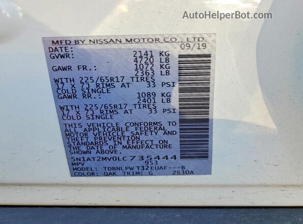 5N1AT2MV0LC735444 2020 NISSAN ROGUE Белый Вид наклейки с VIN-кодом