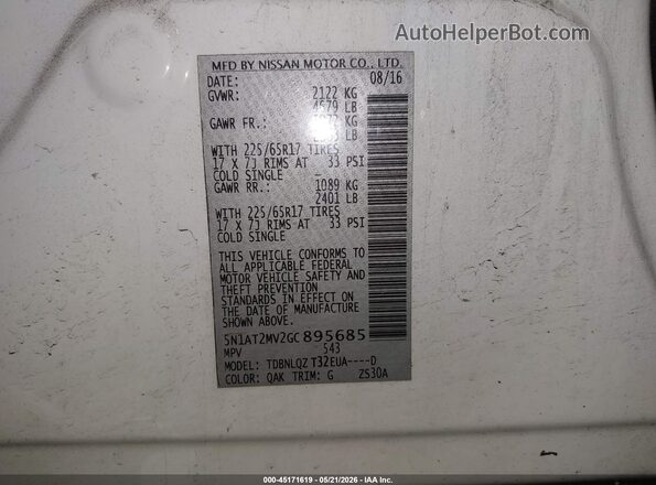 5N1AT2MV2GC895685 2016 NISSAN ROGUE White Вид підкапотного простору