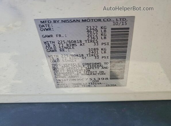 5N1AT2MV3GC751398 2016 NISSAN ROGUE White Vista de la etiqueta del VIN