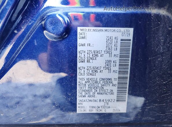 5N1AT2MV3KC845922 2019 NISSAN ROGUE Blue Շարժիչի բաժամունքի տեսք