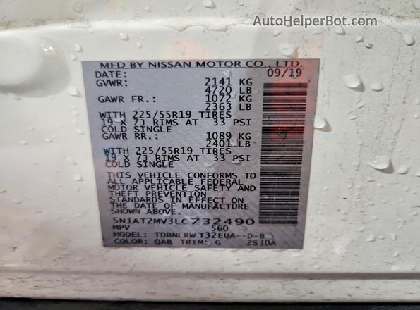 5N1AT2MV3LC732490 2020 NISSAN ROGUE White Widok wnętrza 360 stopni