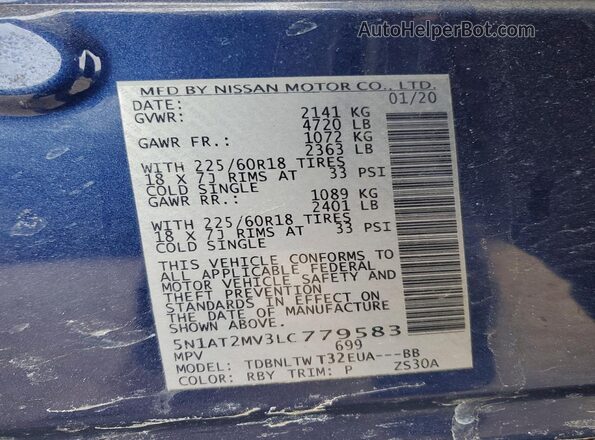 5N1AT2MV3LC779583 2020 NISSAN ROGUE Blue VIN կոդի պիտակի տեսք