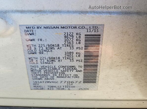5N1AT2MV4GC770672 2016 NISSAN ROGUE Silver Вид наклейки з VIN-кодом