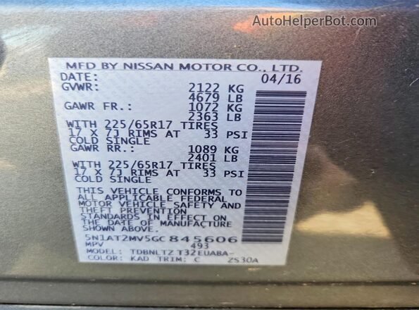 5N1AT2MV5GC845606 2016 NISSAN ROGUE Charcoal Vista de la etiqueta del VIN