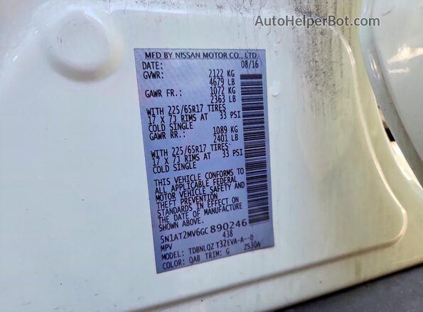 5N1AT2MV6GC890246 2016 NISSAN ROGUE Белый Вид наклейки с VIN-кодом