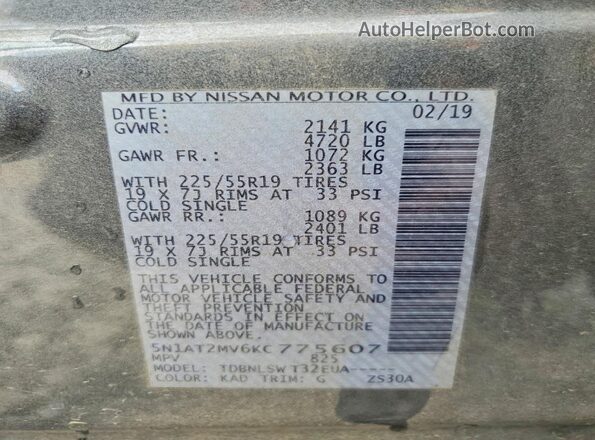 5N1AT2MV6KC775607 2019 NISSAN ROGUE Gray VIN sticker view