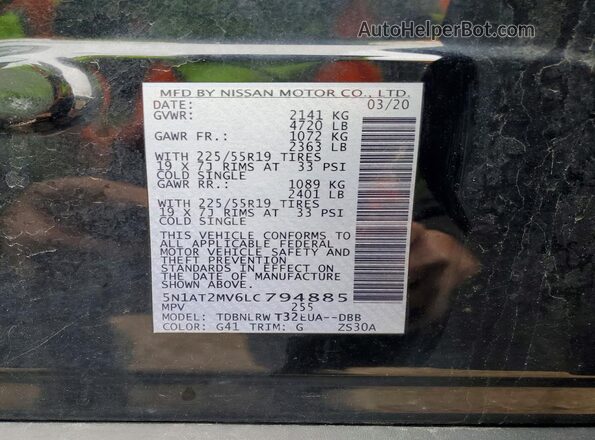 5N1AT2MV6LC794885 2020 NISSAN ROGUE Black Vista de la etiqueta del VIN