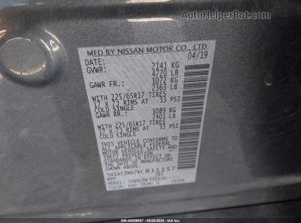 5N1AT2MV7KC811157 2019 NISSAN ROGUE Серебряный Вид подкапотного пространства