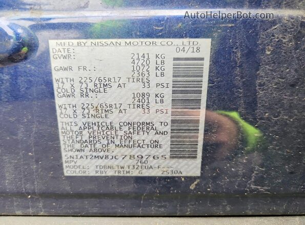 5N1AT2MV8JC789765 2018 NISSAN ROGUE Blue VIN კოდის სტიკერის ხედი