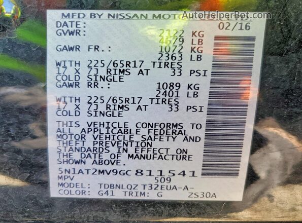 5N1AT2MV9GC811541 2016 NISSAN ROGUE Black Вид наклейки з VIN-кодом