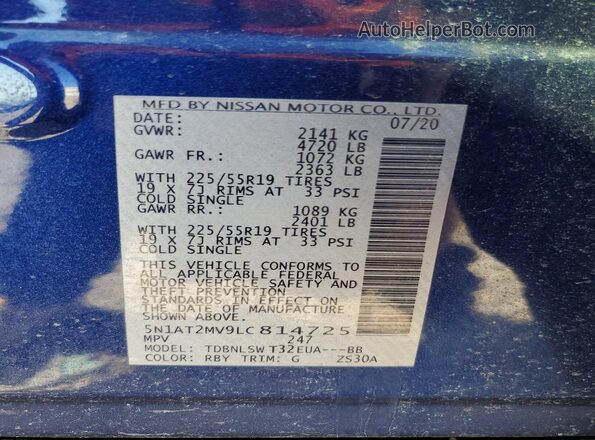 5N1AT2MV9LC814725 2020 NISSAN ROGUE Blue Widok naklejki z numerem VIN