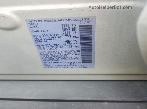 5N1AT2MVXHC759614 2017 NISSAN ROGUE Silver Вид наклейки з VIN-кодом