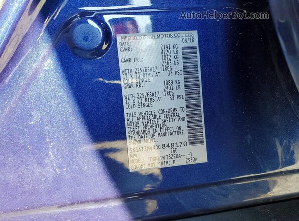 5N1AT2MVXJC848170 2018 NISSAN ROGUE Blue Widok naklejki z numerem VIN