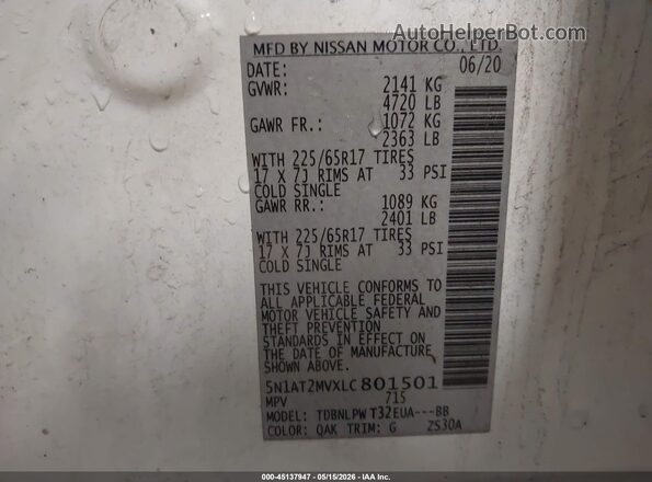 5N1AT2MVXLC801501 2020 NISSAN ROGUE Белый Вид подкапотного пространства
