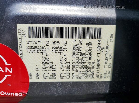 5N1AT3AB4MC713898 2021 NISSAN ROGUE Серый Вид наклейки с VIN-кодом