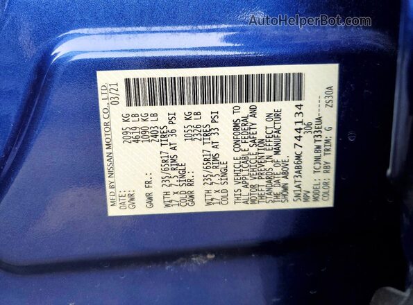 5N1AT3AB6MC744134 2021 NISSAN ROGUE Blue Vista del compartimento del motor